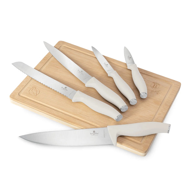 BerlingerHaus Messerset mit Schneidebrett Matt Creme 6-teilig - Kochmesser, Brotmesser, Fleischmesser, Officemesser & Schälmesser