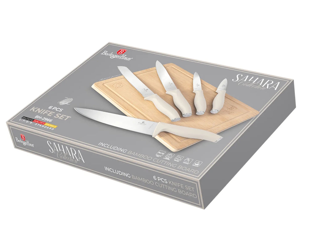 BerlingerHaus Messerset mit Schneidebrett Matt Creme 6-teilig - Kochmesser, Brotmesser, Fleischmesser, Officemesser & Schälmesser
