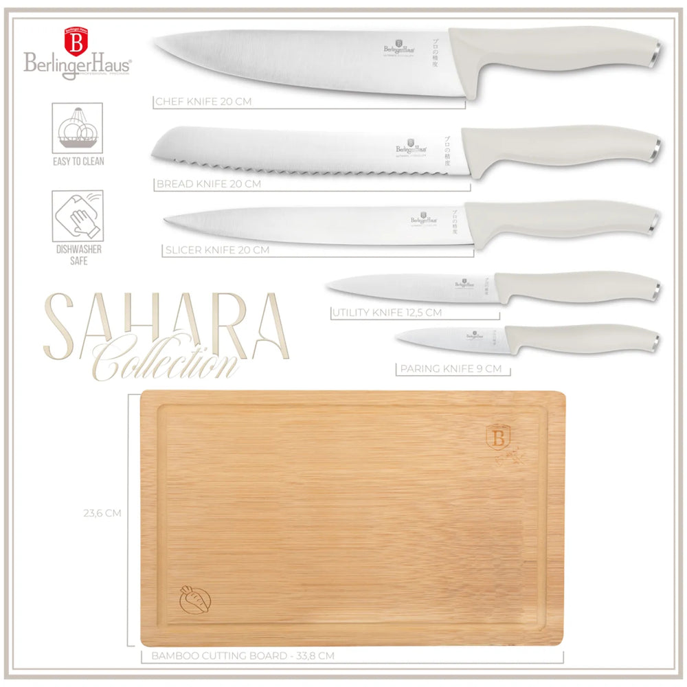 BerlingerHaus Messerset mit Schneidebrett Matt Creme 6-teilig - Kochmesser, Brotmesser, Fleischmesser, Officemesser & Schälmesser