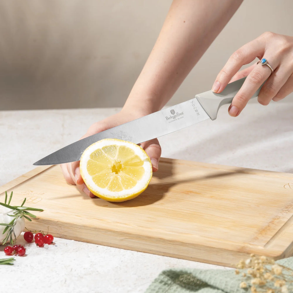 BerlingerHaus Messerset mit Schneidebrett Matt Creme 6-teilig - Kochmesser, Brotmesser, Fleischmesser, Officemesser & Schälmesser