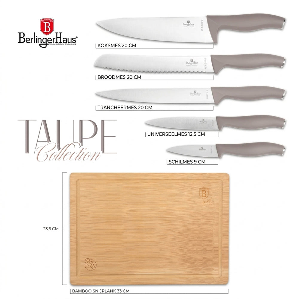 BerlingerHaus Messerset mit Schneidebrett Taupe 6-teilig - Kochmesser, Brotmesser, Fleischmesser, Officemesser & Schälmesser