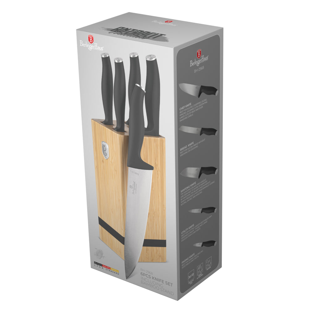 BerlingerHaus Messerblock Matt Anthrazit 6-teilig - Kochmesser, Brotmesser, Santokumesser, Officemesser & Schälmesser
