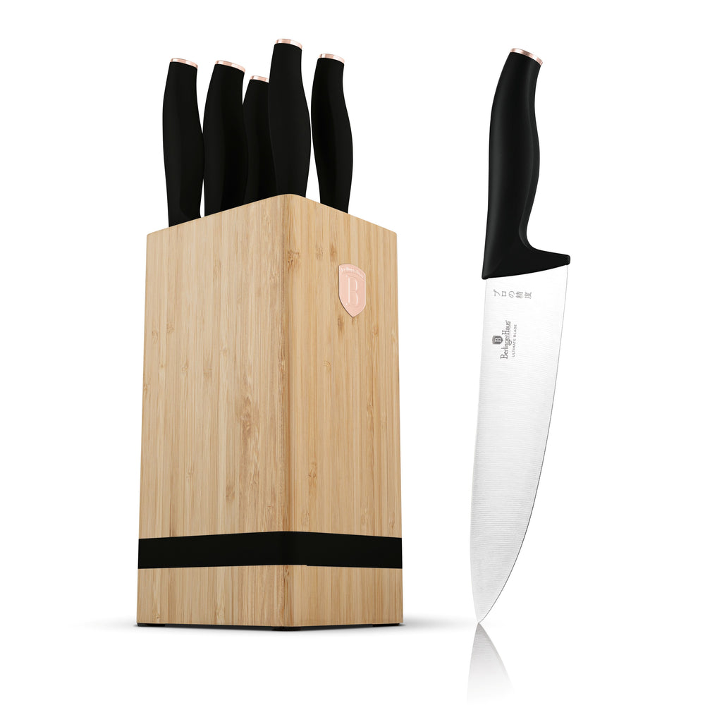 BerlingerHaus Messerblock Schwarz Roségold 6-teilig - Kochmesser, Brotmesser, Santokumesser, Officemesser & Schälmesser