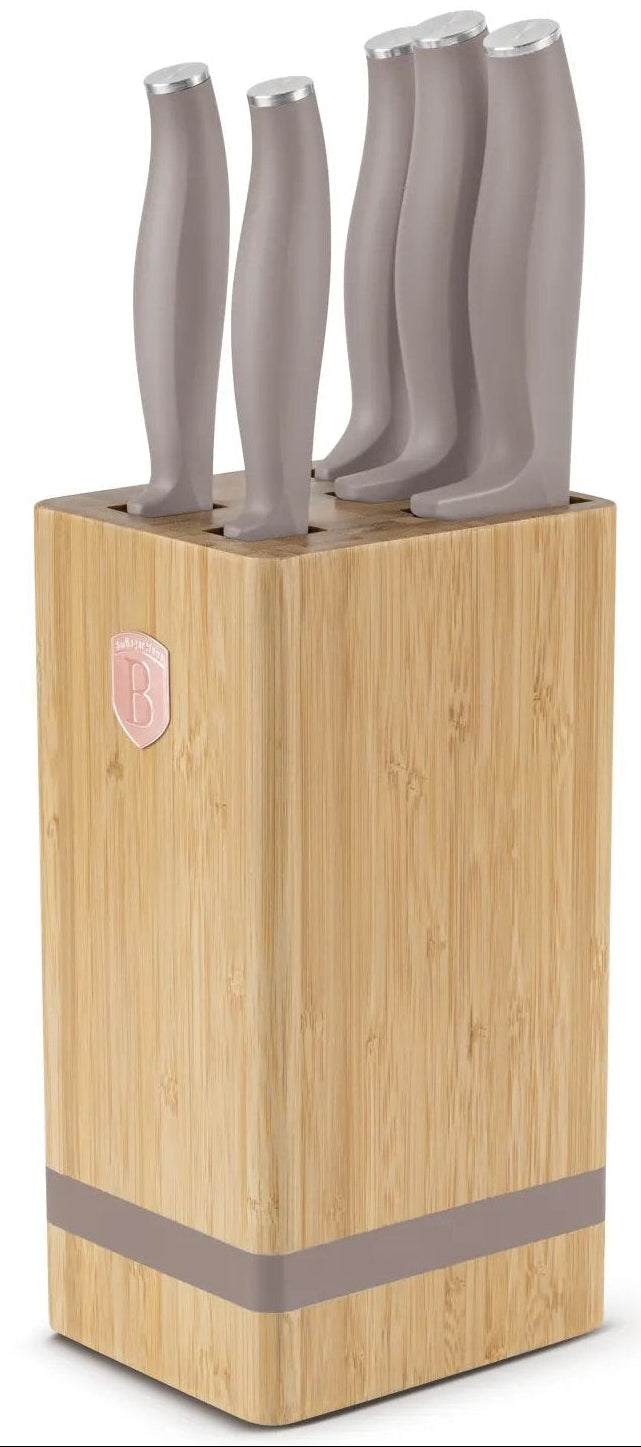BerlingerHaus Messerblock Taupe 6-teilig - Kochmesser, Brotmesser, Santokumesser, Officemesser & Schälmesser