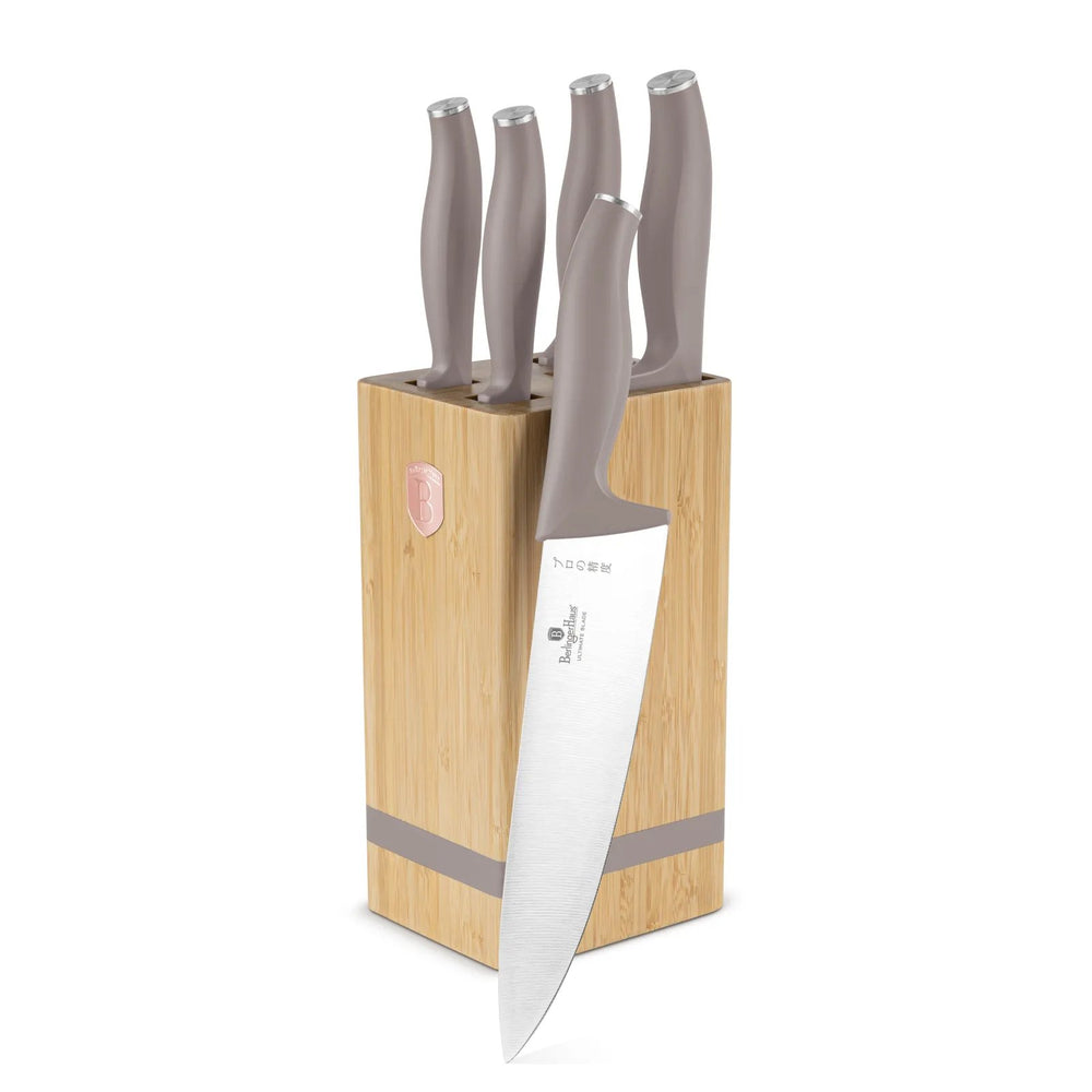 BerlingerHaus Messerblock Taupe 6-teilig - Kochmesser, Brotmesser, Santokumesser, Officemesser & Schälmesser