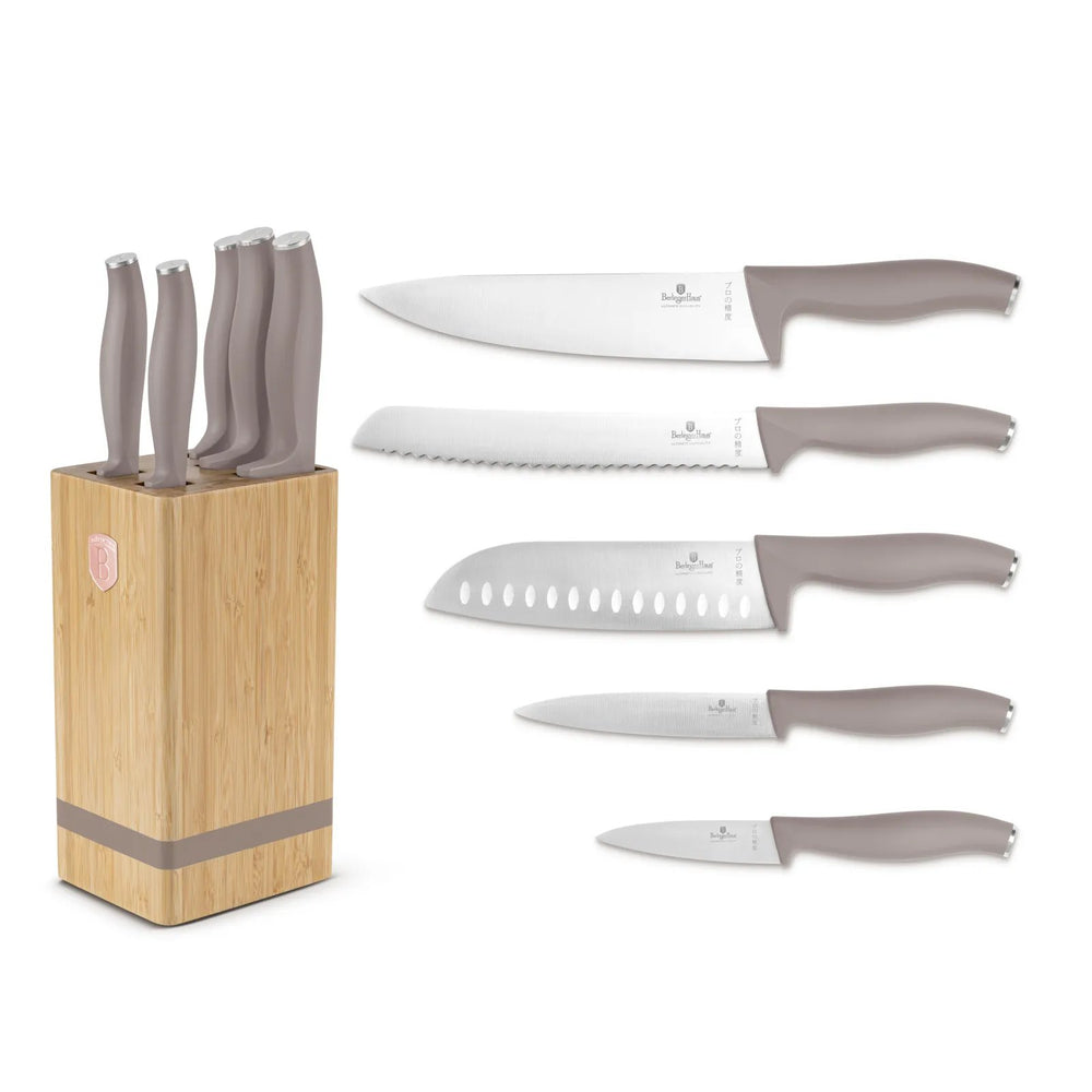 BerlingerHaus Messerblock Taupe 6-teilig - Kochmesser, Brotmesser, Santokumesser, Officemesser & Schälmesser