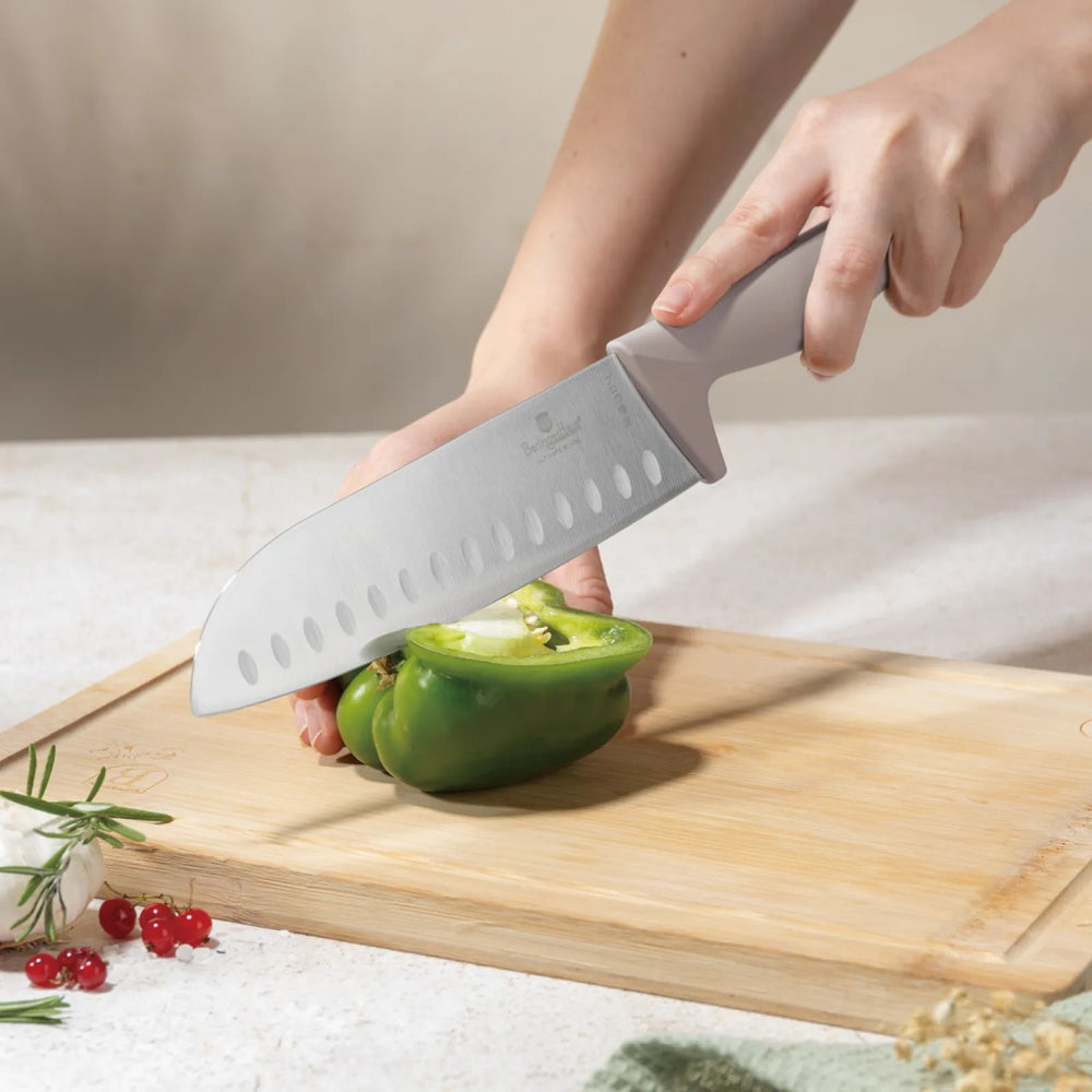 BerlingerHaus Messerset mit Messermagnetleiste Acaciahout Taupe - 6-teilig - Kochmesser, Brotmesser, Santokumes, Officemesser & Schälmesser