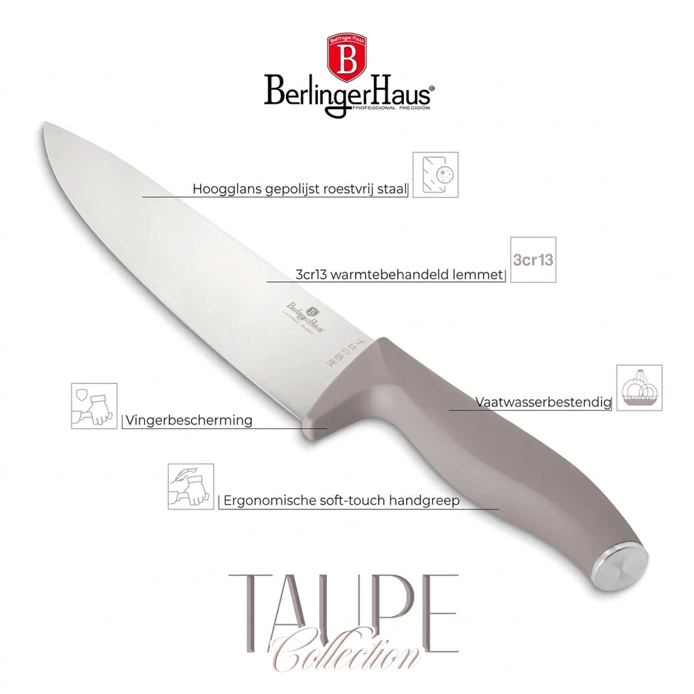 BerlingerHaus Messerblock Taupe 6-teilig - Kochmesser, Brotmesser, Santokumesser, Officemesser & Schälmesser