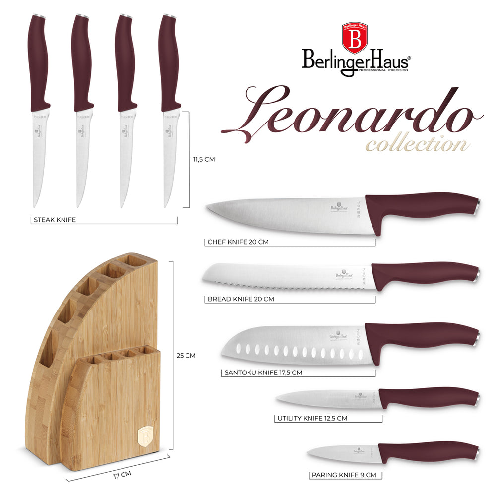 BerlingerHaus Messerblock Matt Bordeaux 10-teilig - Kochmesser, Brotmesser, Santokumesser, Officemesser, Schälmesser & 4 Steakmesser
