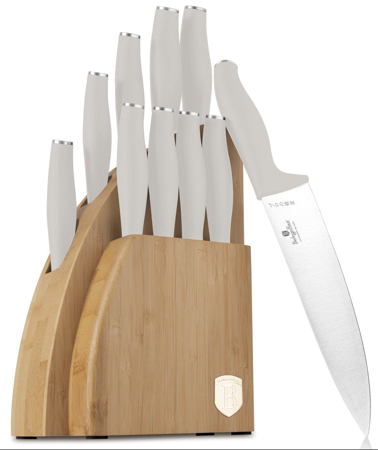 BerlingerHaus Messerblock Matt Creme 10-teilig - Kochmesser, Brotmesser, Santokumes, Officemes, Schälmesser & 4 Steakmesser
