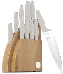 BerlingerHaus Messerblock Matt Creme 10-teilig - Kochmesser, Brotmesser, Santokumes, Officemes, Schälmesser & 4 Steakmesser