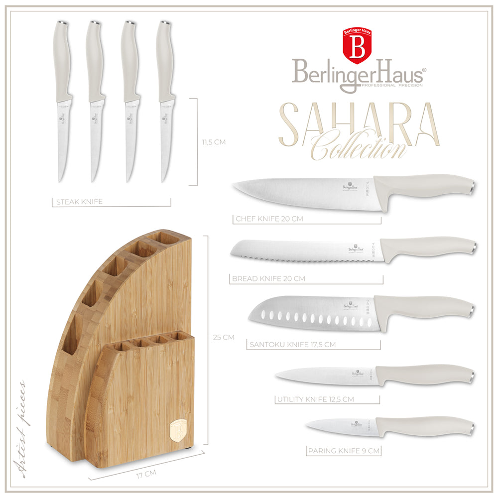 BerlingerHaus Messerblock Matt Creme 10-teilig - Kochmesser, Brotmesser, Santokumes, Officemes, Schälmesser & 4 Steakmesser