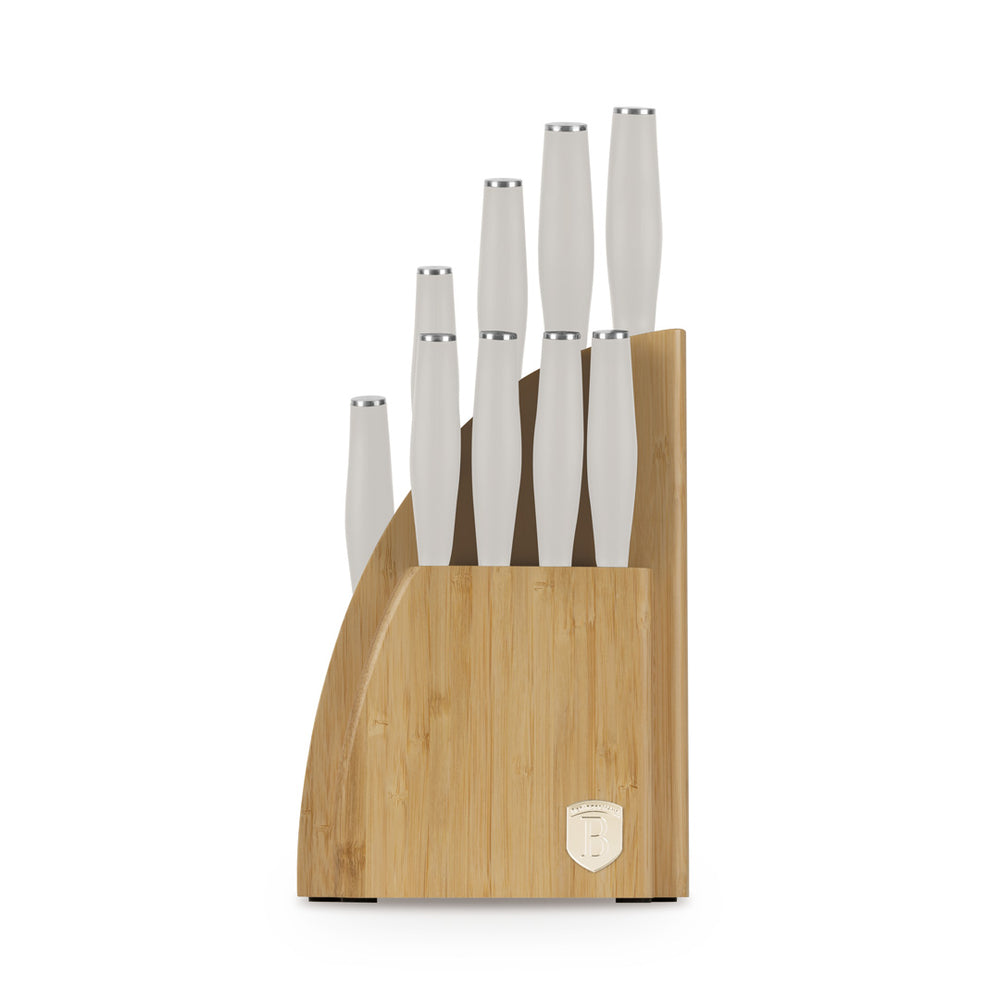 BerlingerHaus Messerblock Matt Creme 10-teilig - Kochmesser, Brotmesser, Santokumes, Officemes, Schälmesser & 4 Steakmesser