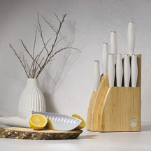BerlingerHaus Messerblock Matt Creme 10-teilig - Kochmesser, Brotmesser, Santokumes, Officemes, Schälmesser & 4 Steakmesser