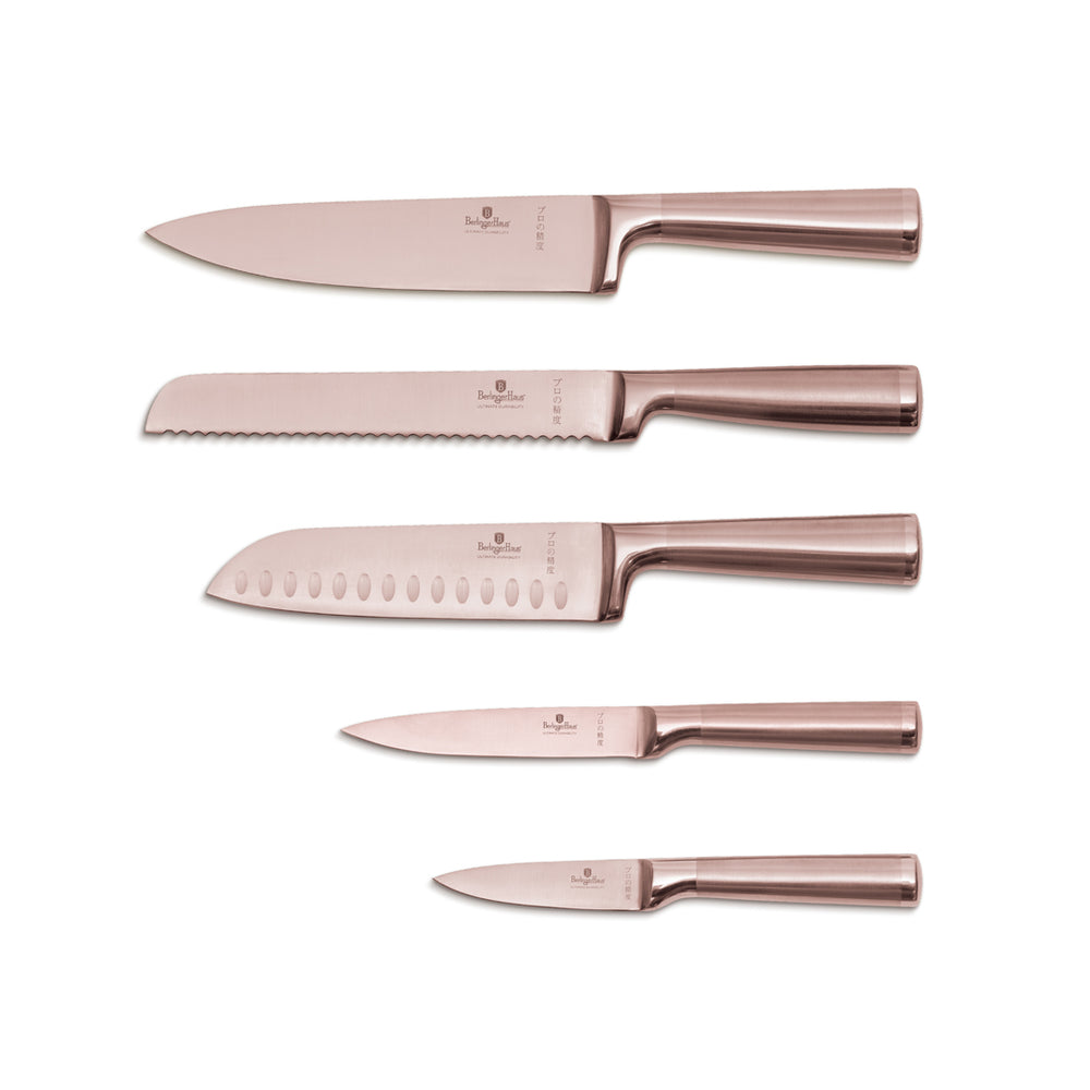 BerlingerHaus Messerblock Roségold 6-teilig - Kochmesser, Brotmesser, Santokumesser, Officemesser & Schälmesser