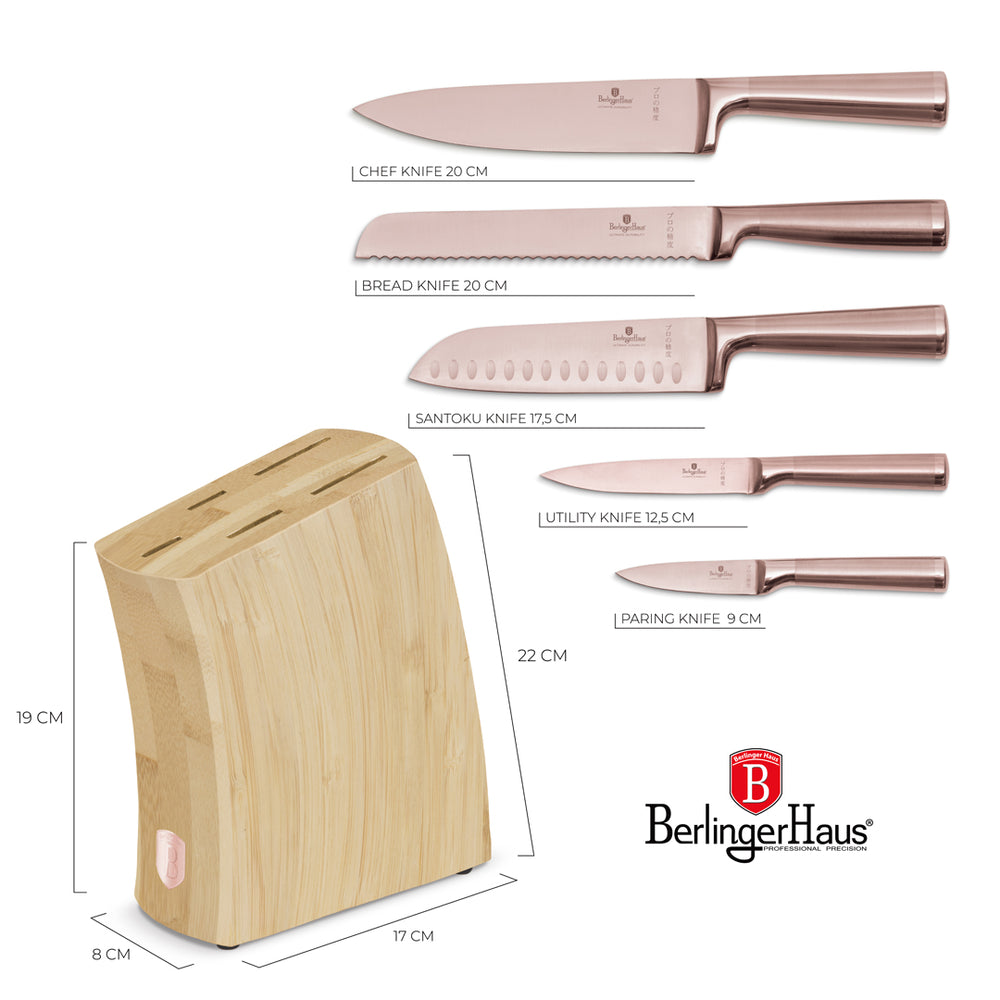 BerlingerHaus Messerblock Roségold 6-teilig - Kochmesser, Brotmesser, Santokumesser, Officemesser & Schälmesser