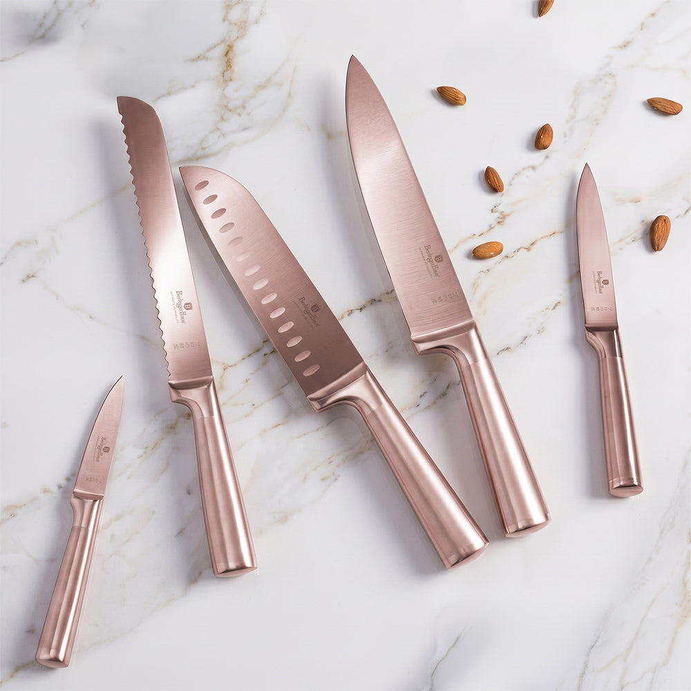 BerlingerHaus Messerblock Roségold 6-teilig - Kochmesser, Brotmesser, Santokumesser, Officemesser & Schälmesser