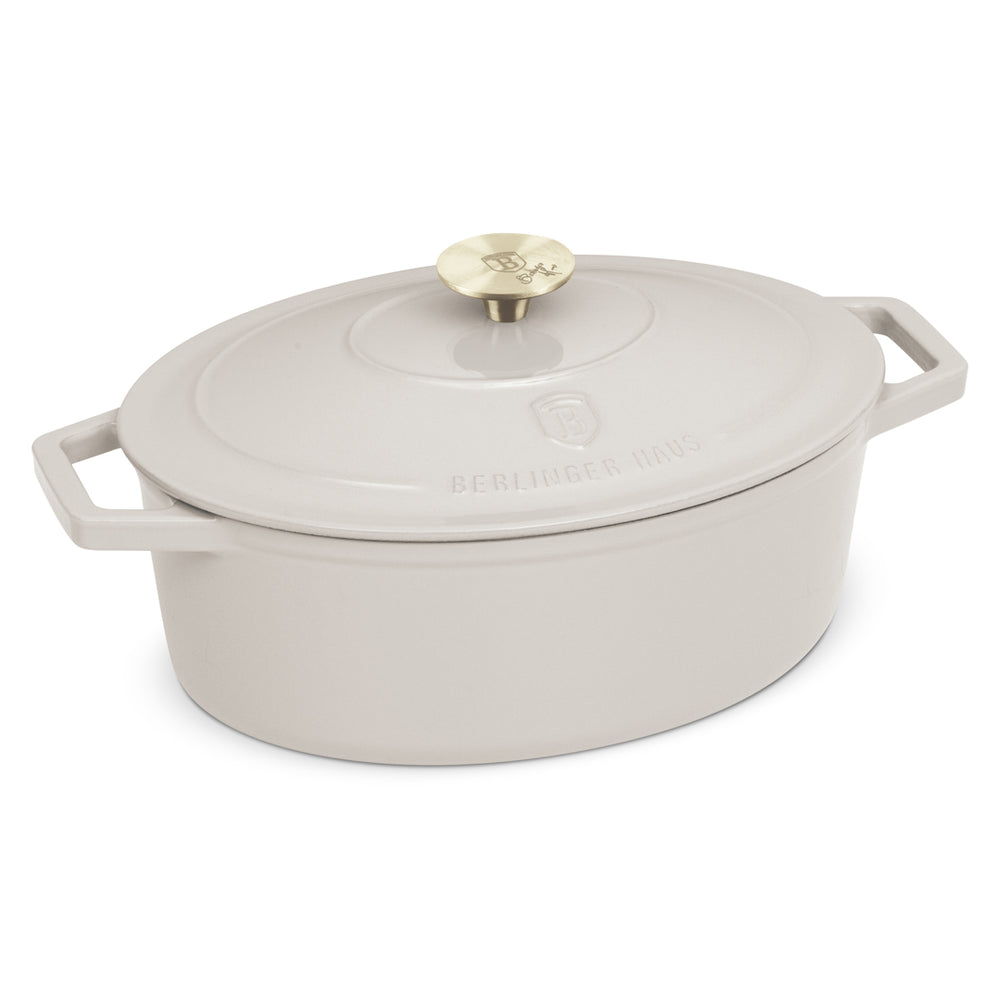 BerlingerHaus Bräter Matt Crème Oval - Gusseisen - 30 x 22 cm - geeignet für alle Wärmequellen - emaillierte Antihaftbeschichtung
