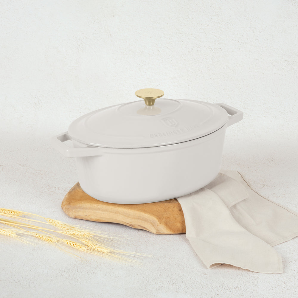 BerlingerHaus Bräter Matt Crème Oval - Gusseisen - 30 x 22 cm - geeignet für alle Wärmequellen - emaillierte Antihaftbeschichtung