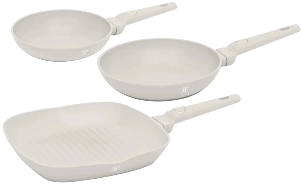 BerlingerHaus Bratpfannenset Matt Creme 3-Teilig - Bratpfanne ø 20 & 24 cm, Grillpfanne 28 cm - Geeignet für alle Wärmequellen