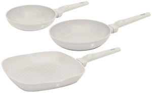 BerlingerHaus Bratpfannenset Matt Creme 3-Teilig - Bratpfanne ø 20 & 24 cm, Grillpfanne 28 cm - Geeignet für alle Wärmequellen