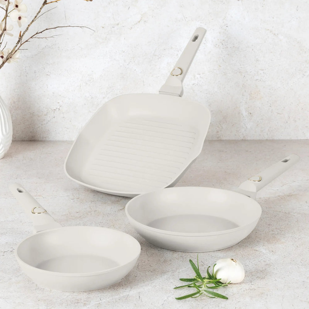 BerlingerHaus Bratpfannenset Matt Creme 3-Teilig - Bratpfanne ø 20 & 24 cm, Grillpfanne 28 cm - Geeignet für alle Wärmequellen