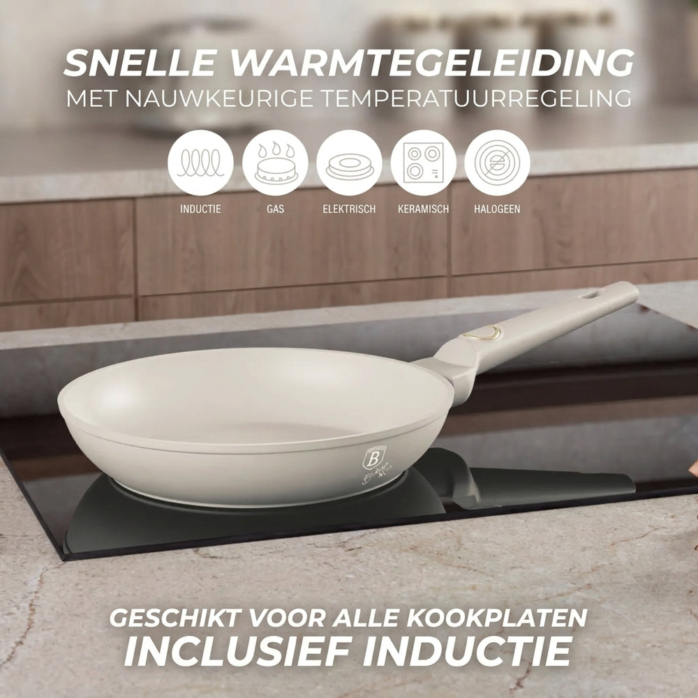 BerlingerHaus Bratpfannenset Matt Creme 3-Teilig - Bratpfanne ø 20 & 24 cm, Grillpfanne 28 cm - Geeignet für alle Wärmequellen