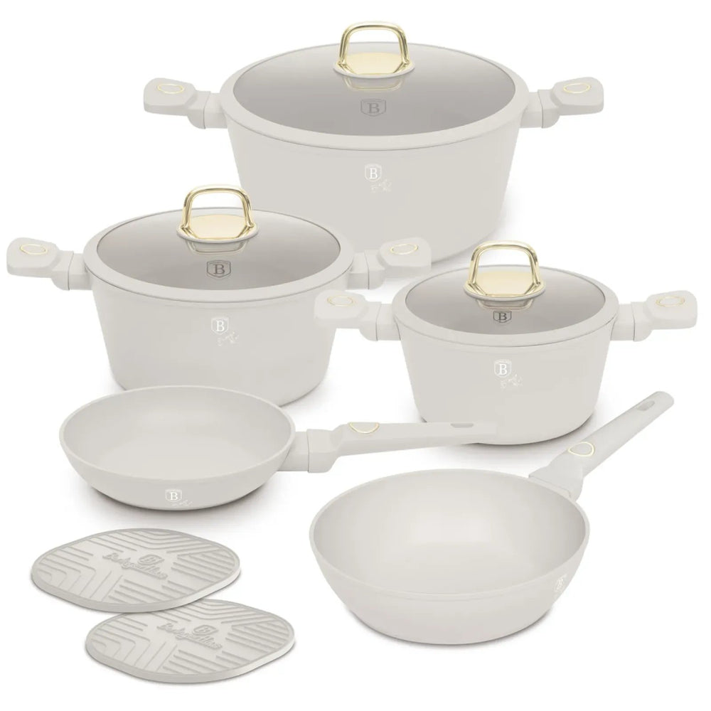 BerlingerHaus Topfset Matt Creme 7-Teilig - Kochtopf ø 20, 24, 28 cm & Bratpfanne ø 20, 24 cm - geeignet für alle Wärmequellen