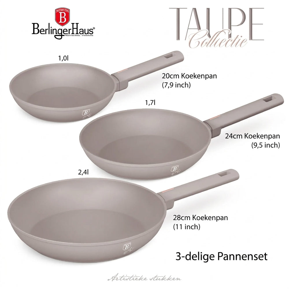 BerlingerHaus Bratpfannenset Taupe 3-Teilig - ø 20, 24 & 28 cm - geeignet für alle Wärmequellen - Standard Antihaftbeschichtung