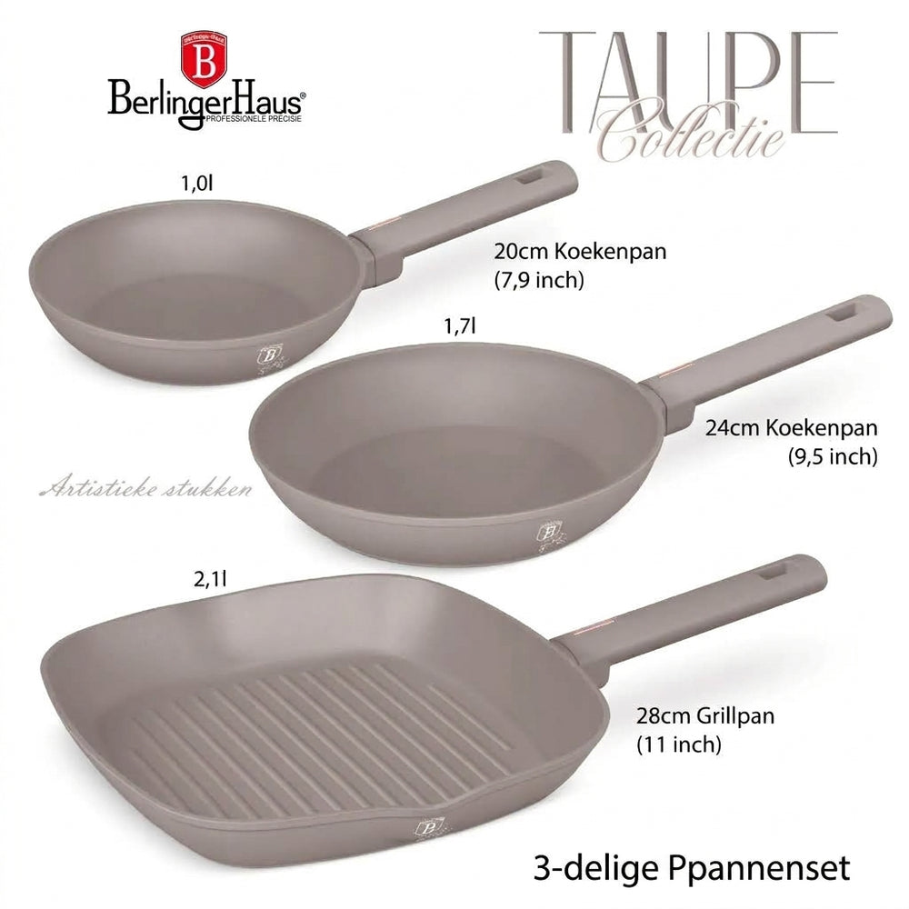 BerlingerHaus Bratpfannenset Taupe 3-Teilig - Bratpfanne ø 20 & 24 cm, Grillpfanne 28 cm - Geeignet für alle Wärmequellen