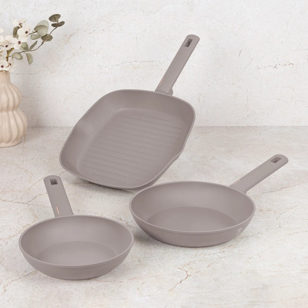 BerlingerHaus Bratpfannenset Taupe 3-Teilig - Bratpfanne ø 20 & 24 cm, Grillpfanne 28 cm - Geeignet für alle Wärmequellen