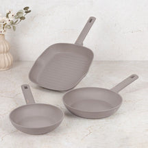 BerlingerHaus Bratpfannenset Taupe 3-Teilig - Bratpfanne ø 20 & 24 cm, Grillpfanne 28 cm - Geeignet für alle Wärmequellen