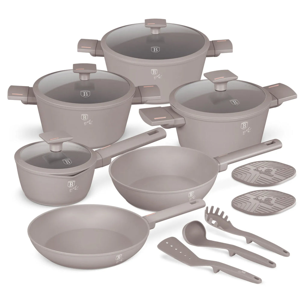 BerlingerHaus Topfset Taupe 11-Teilig - Kochtöpfe ø 20, 24, 28 cm, Bratpfanne ø 24, 28 cm & Stielkasserolle ø 16 cm - geeignet für alle Wärmequellen