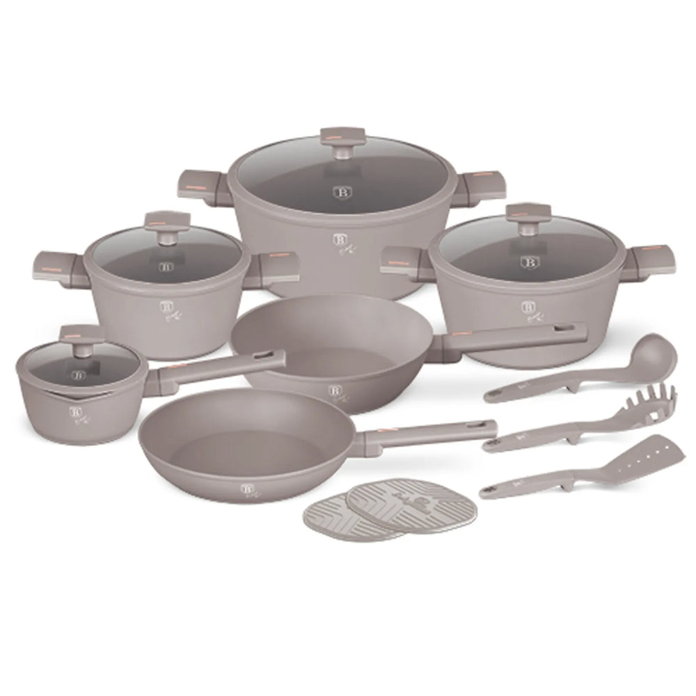 BerlingerHaus Topfset Taupe 11-Teilig - Kochtöpfe ø 20, 24, 28 cm, Bratpfanne ø 24, 28 cm & Stielkasserolle ø 16 cm - geeignet für alle Wärmequellen