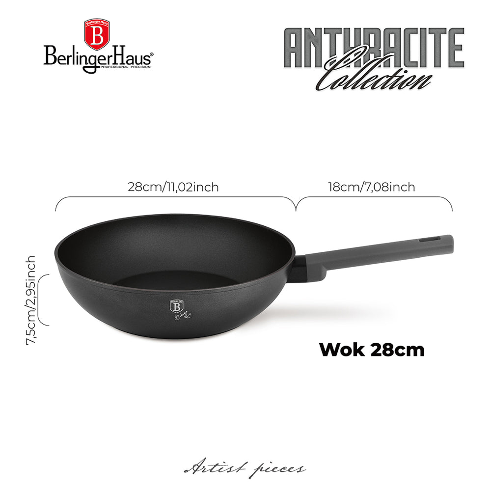 BerlingerHaus Wokpfanne Matt Anthrazit ø 28 cm - geeignet für alle Wärmequellen - Standard Antihaftbeschichtung