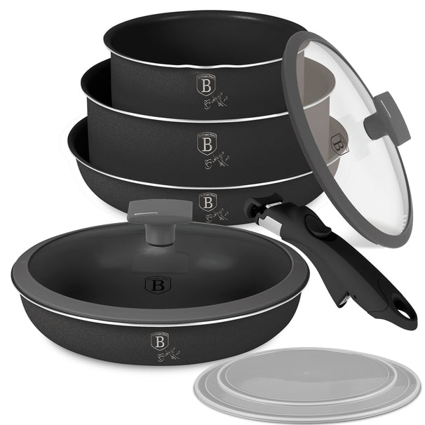 BerlingerHaus Topfset Click-it Matt Anthrazit 6-teilig - Kochtopf ø 16 & 20 cm, Bratpfanne ø 20 & 24 cm - geeignet für alle Wärmequellen