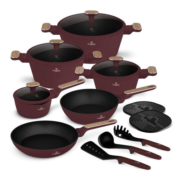 BerlingerHaus Topfset Nordic Matt Bordeaux 11-teilig - Kochtopf ø 20, 24, 28 cm, Bratpfanne ø 24, 28 cm & Stielkasserolle ø 16 cm - Geeignet für alle Wärmequellen
