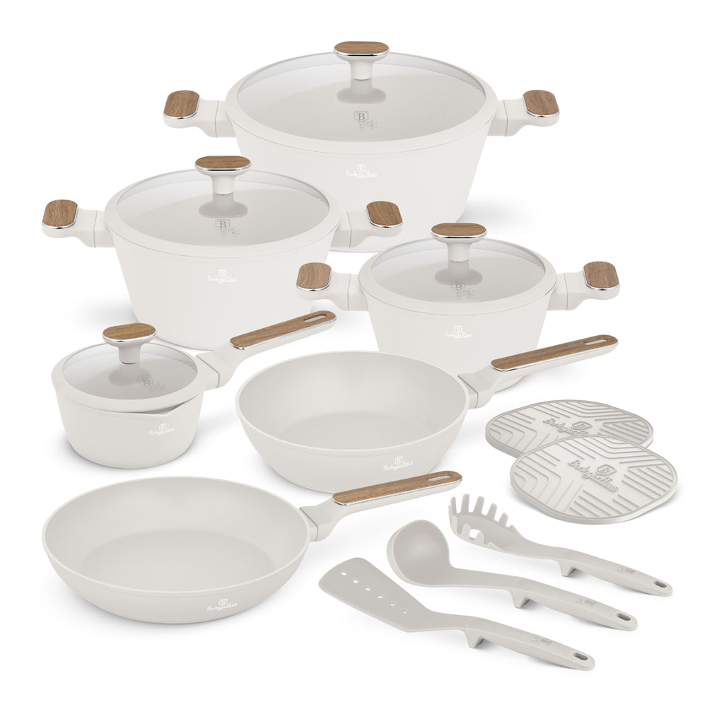 BerlingerHaus Topfset Nordic Matt Crème 11-Teilig - Kochtopf ø 20, 24, 28 cm, Bratpfanne ø 24, 28 cm & Stielkasserolle ø 16 cm - geeignet für alle Wärmequellen