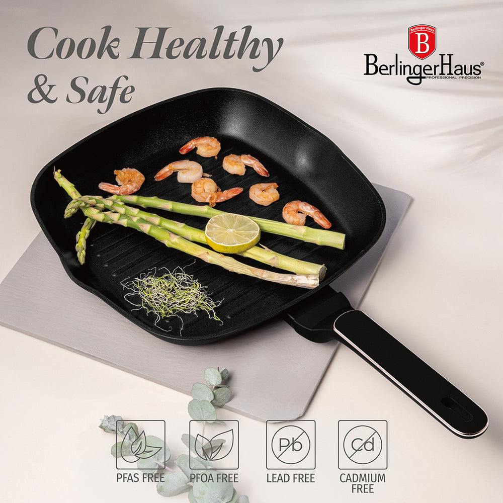BerlingerHaus Grillpfanne Schwarz Roségold 28 x 28 cm - geeignet für alle Wärmequellen - Standard Antihaftbeschichtung