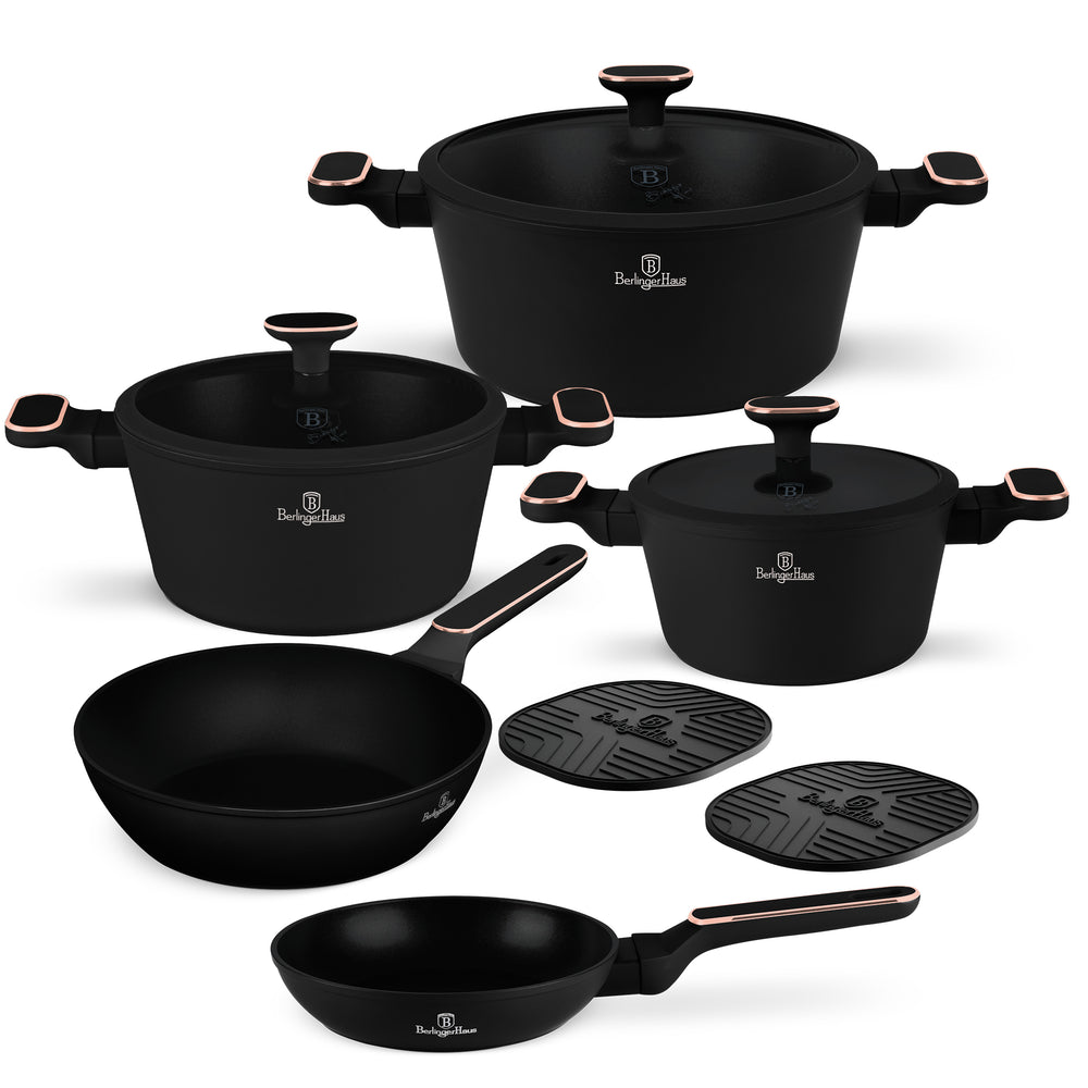 BerlingerHaus Topfset Schwarz Roségold 7-Teilig - Kochtopf ø 20, 24, 28 cm & Bratpfanne ø 20, 24 cm - geeignet für alle Wärmequellen