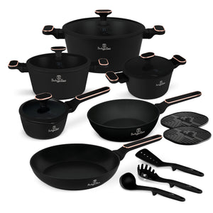 BerlingerHaus Topfset Schwarz Roségold 11-Teilig - Kochtopf ø 20, 24, 28 cm, Bratpfanne ø 24, 28 cm & Stielkasserolle ø 16 cm - geeignet für alle Wärmequellen