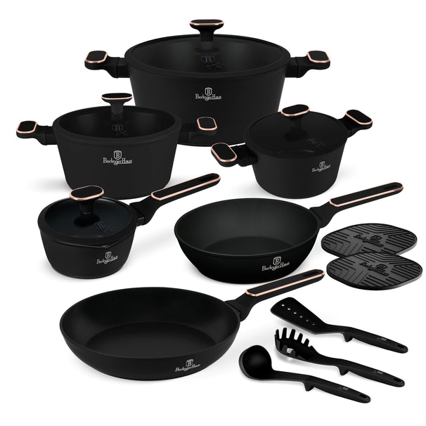 BerlingerHaus Topfset Schwarz Roségold 11-Teilig - Kochtopf ø 20, 24, 28 cm, Bratpfanne ø 24, 28 cm & Stielkasserolle ø 16 cm - geeignet für alle Wärmequellen