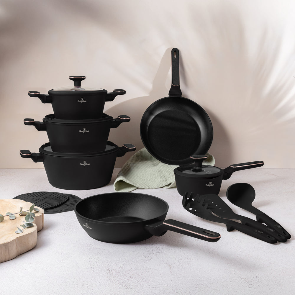 BerlingerHaus Topfset Schwarz Roségold 11-Teilig - Kochtopf ø 20, 24, 28 cm, Bratpfanne ø 24, 28 cm & Stielkasserolle ø 16 cm - geeignet für alle Wärmequellen