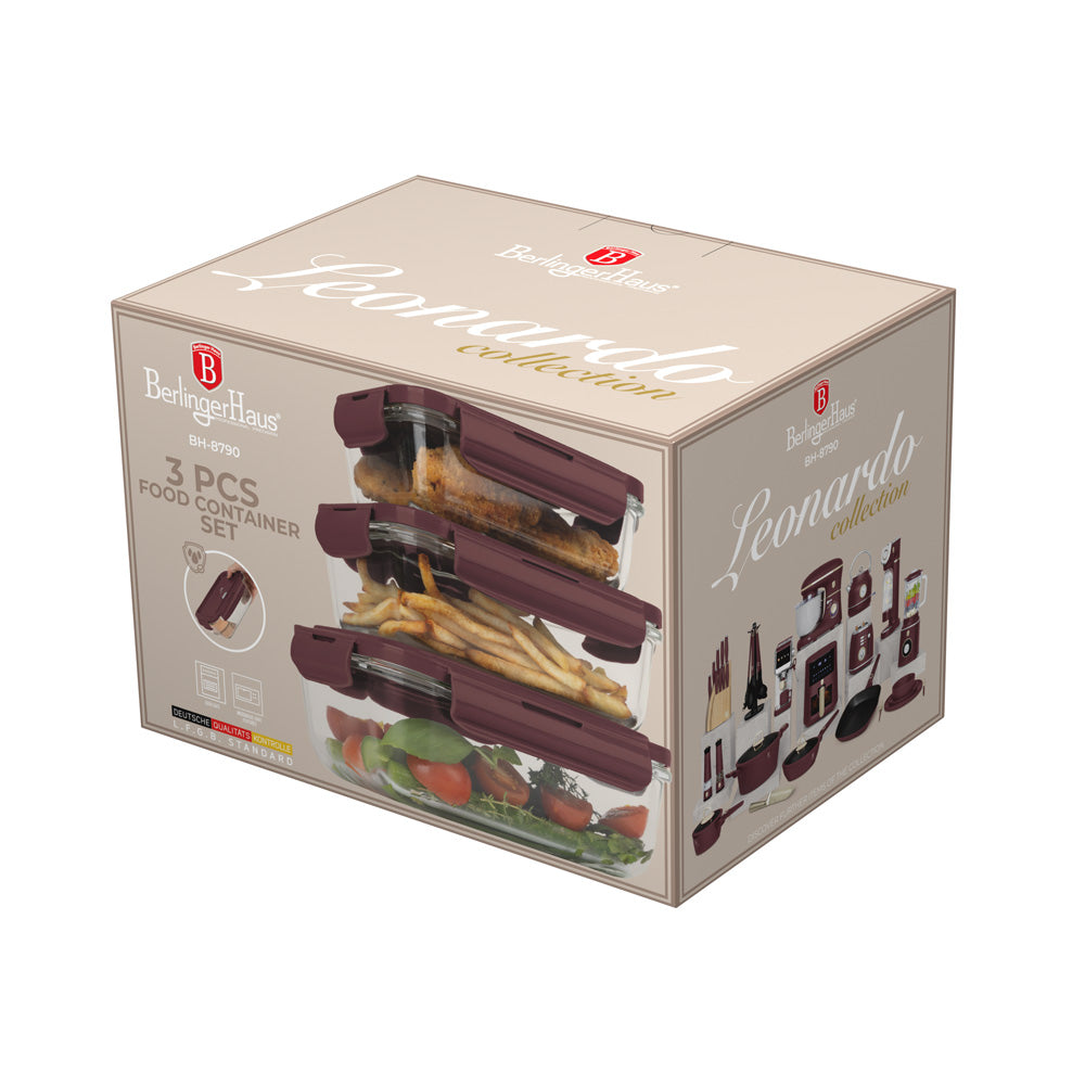 BerlingerHaus Glas Frischhaltedosen Matt Bordeaux - 3-teilig - 570 ml, 840 ml & 1,18 Liter