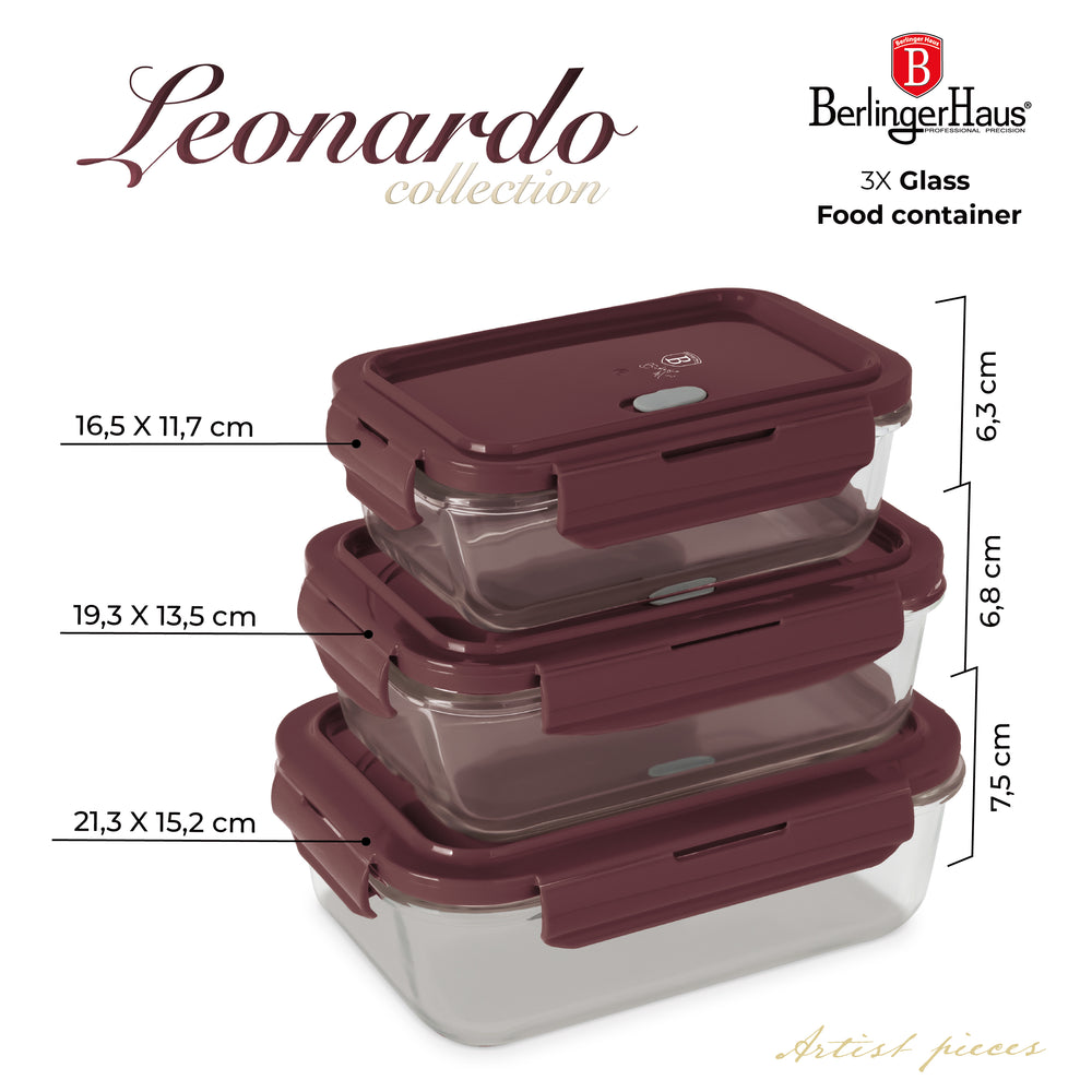 BerlingerHaus Glas Frischhaltedosen Matt Bordeaux - 3-teilig - 570 ml, 840 ml & 1,18 Liter