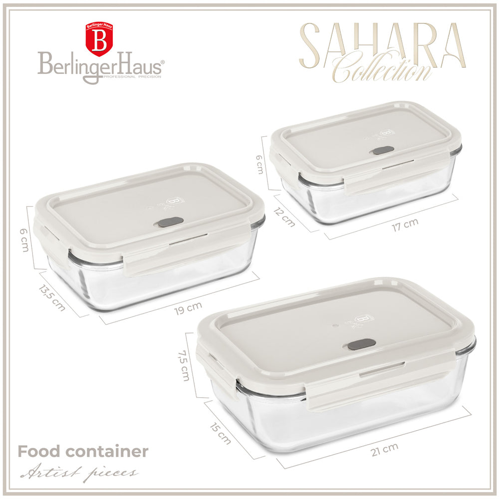 BerlingerHaus Glas Frischhaltedosen Matt Creme - 3-teilig - 570 ml, 840 ml & 1,18 Liter