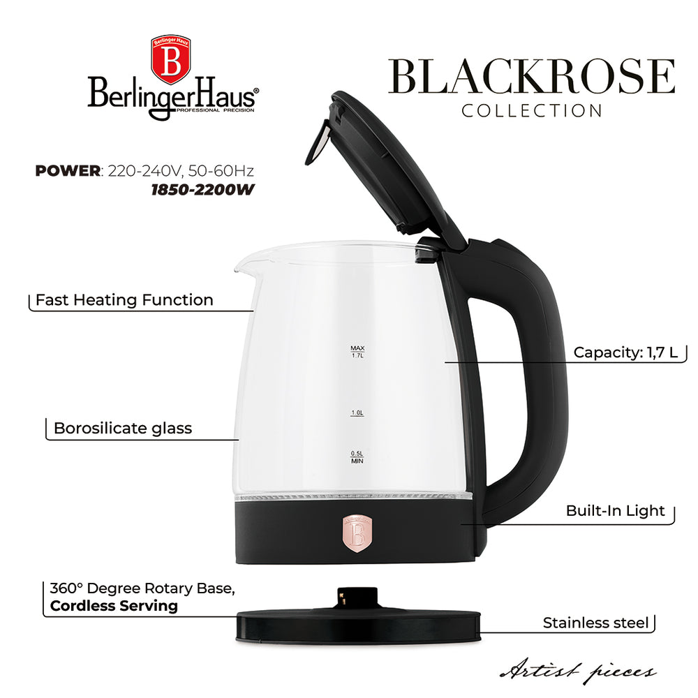 BerlingerHaus Wasserkocher Glas Schwarz Roségold - 1,7 Liter - 2200W