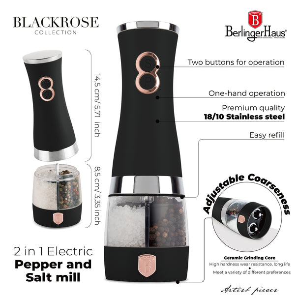 BerlingerHaus Elektrische Pfeffer- und Salzmühle Schwarz Roségold - 2-in-1 - Keramische Mühle