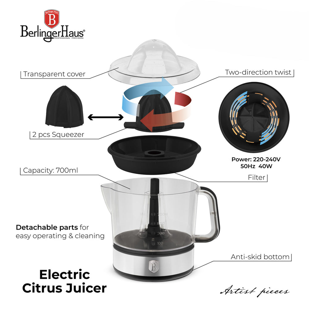 BerlingerHaus Elektrische Zitruspresse / Orangenpresse Schwarz Roségold - 0,7 L - 40 W