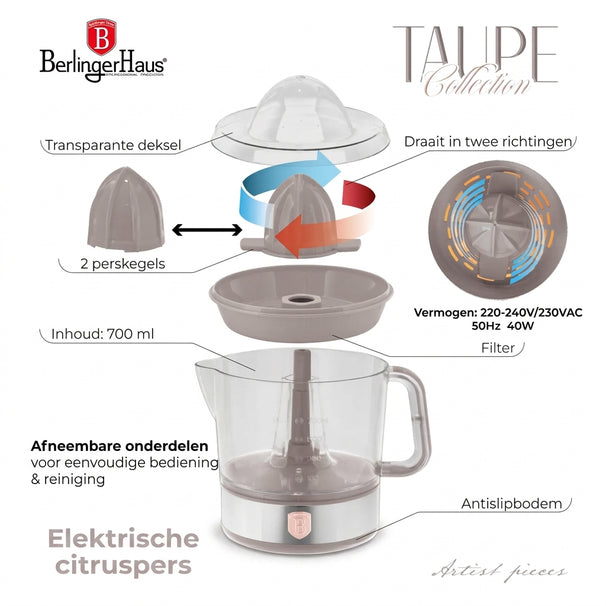 BerlingerHaus Elektrische Zitruspresse / Orangenpresse Matt Taupe - 0,7 L - 40 W